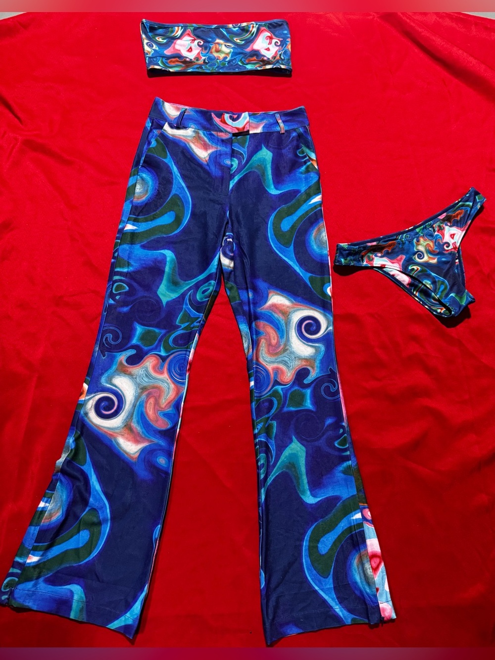House of Sunny Blue Multicolor Swirl Flared Pants and matching bikini